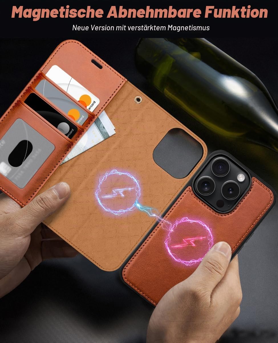 OCASE Kompatibel für iPhone 15 Pro Hülle (2in1) Leder Stossfestes Case, Abnehmbare magnetische Hülle