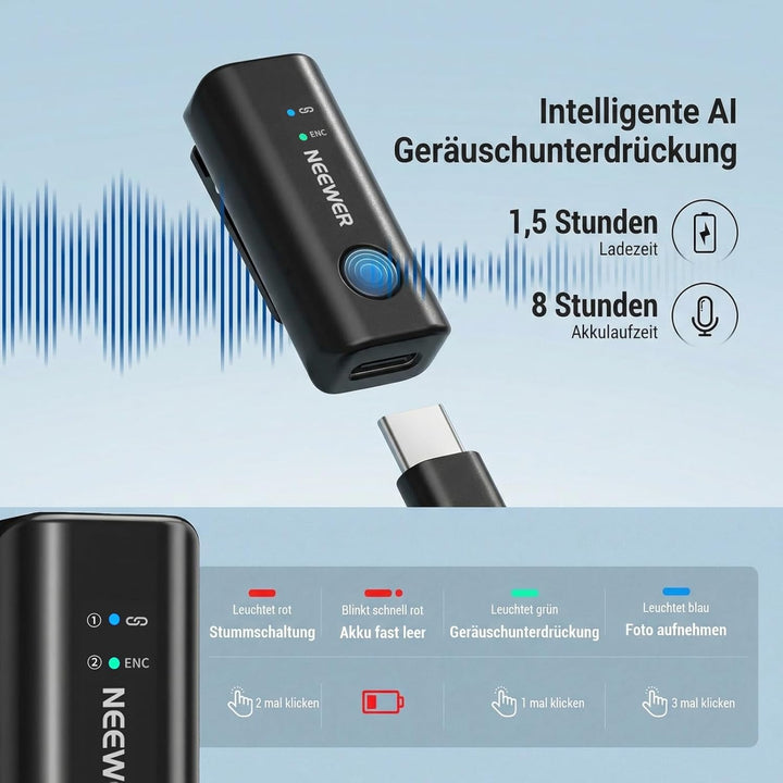 NEEWER KM23C AI Drahtloses Lavalier Mikrofon Kompatibel mit iPhone Android Tablet PC Laptop, omnidir