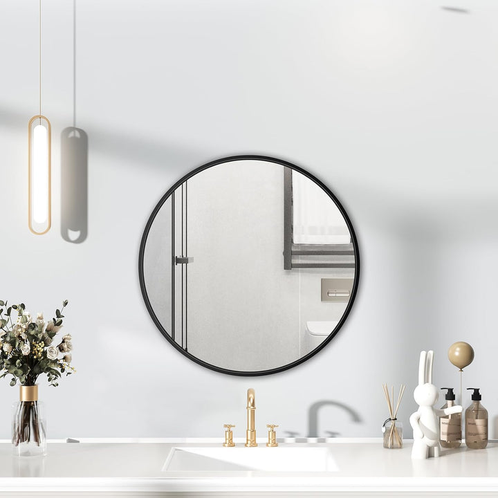 40 cm grosser runder Wandspiegel, schwarzer Metallrahmen, HD-Glas, für Badezimmer, Wohnzimmer, Schla