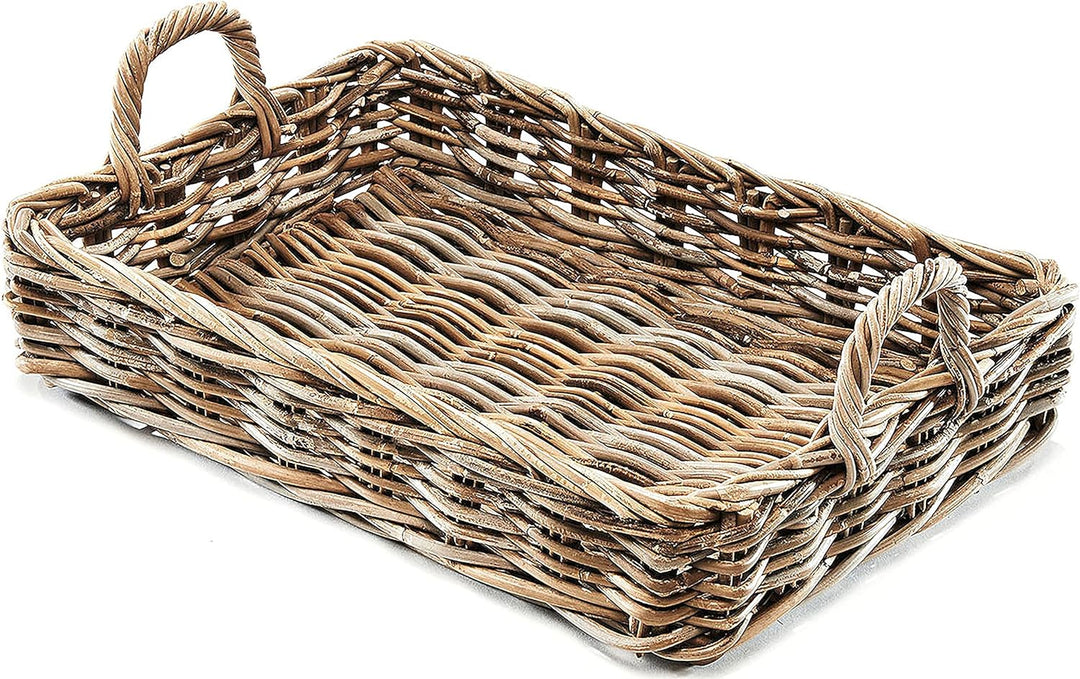 Kobolo Tablett Dekotablett Serviertablett aus Rattan -kubu grau- 50x37x20 cm