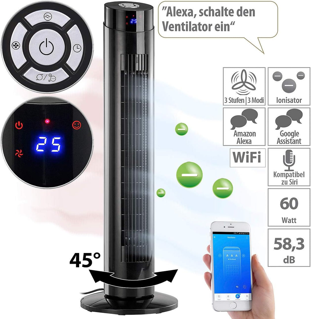 Sichler Haushaltsgeräte Ventilator Turm: Turmventilator, Ionisator, WLAN & App, Siri, Alexa & Google