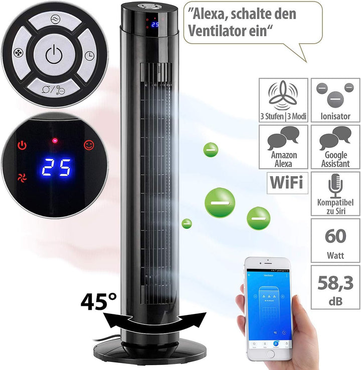 Sichler Haushaltsgeräte Ventilator Turm: Turmventilator, Ionisator, WLAN & App, Siri, Alexa & Google