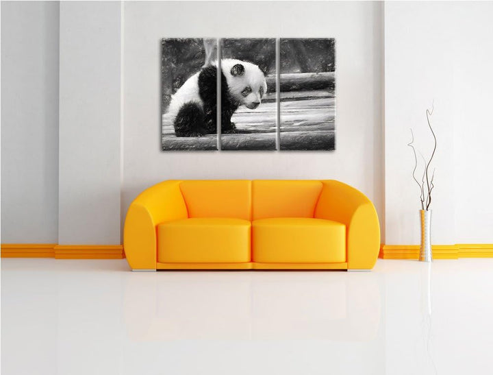 niedlicher junger Panda auf Holzstämmen NewArt 3-Teiler Leinwandbild 120x80 Bild auf Leinwand, XXL r