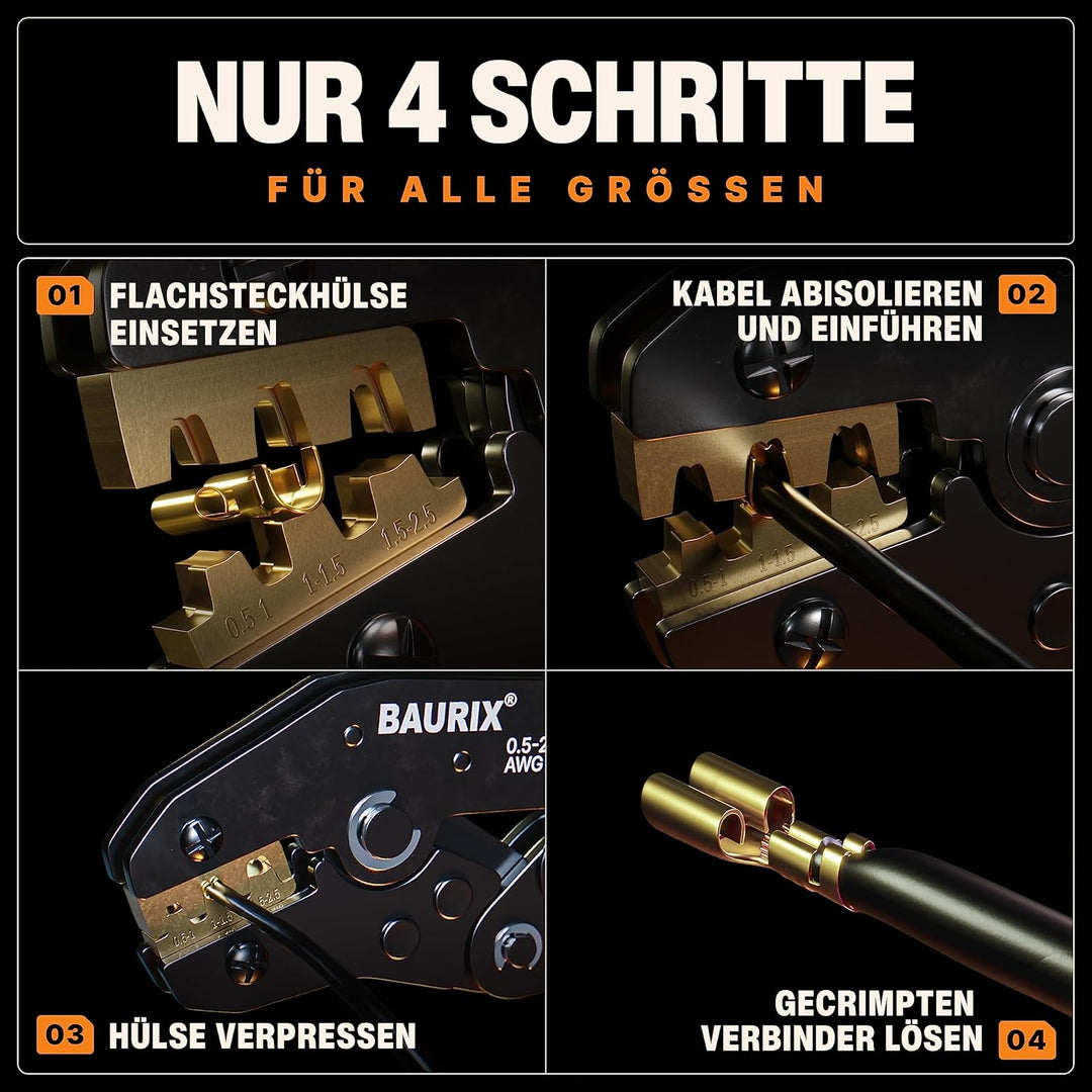 BAURIX® Crimpzange I Krimpzange für 0,50-2,50 mm² Steckverbinder I Crimpzange einzeln I Crimp Zange