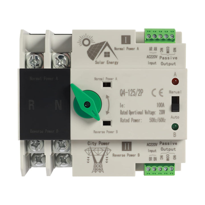 Automatischer Transferschalter Dual Power Übertragungsschalter AC 230V 2P 100A ATS PC Hutschiene Not