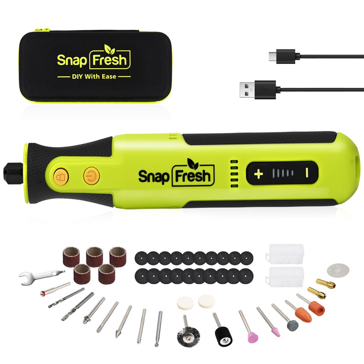 SnapFresh Rotationswerkzeug Akku 8V Set mit 46 Zubehörteilen, 0,26 kg leicht, bis zu 40Min Laufzeit,
