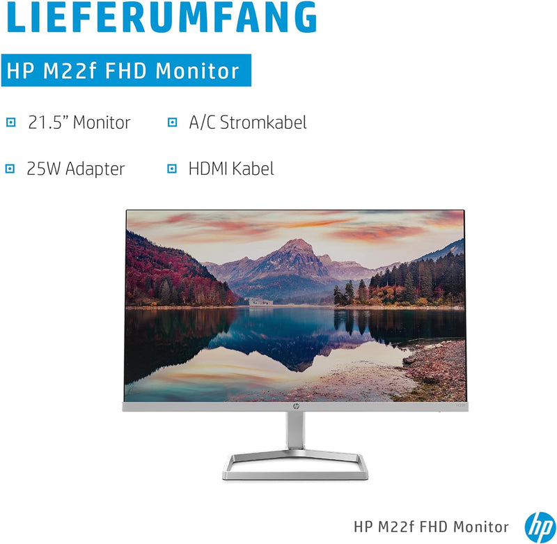 HP M22f Monitor - 21,5 Zoll Bildschirm, Full HD IPS Display, 75Hz, 5ms Reaktionszeit, VGA, HDMI 1.4,