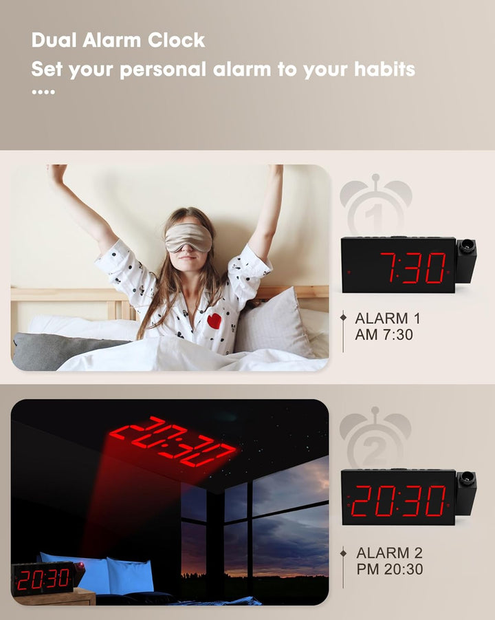 Projektionswecker für Schlafzimmer, digitaler wecker mit grosser 7" LED-Anzeige, Dimmer, 350° Projek
