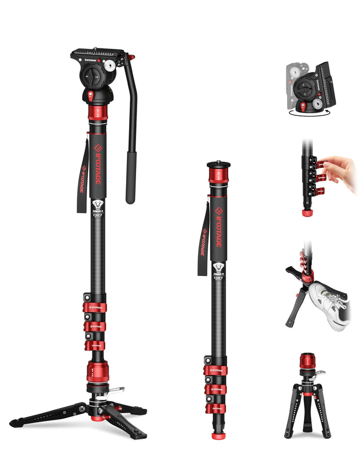 IFOOTAGE Cobra 3 Einbeinstativ Kamera C180F-P, automatische 1/4"- und 3/8"-Schraube, Kohlefaser, mit