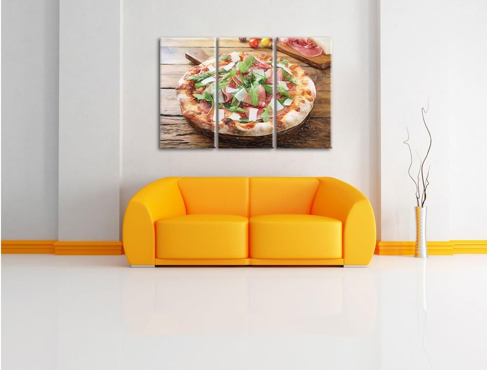 Pixxprint Prosciutto Pizza auf Holztisch / 3-Teilig/Gesamtmass 120cm Leinwandbild bespannt auf Holzr