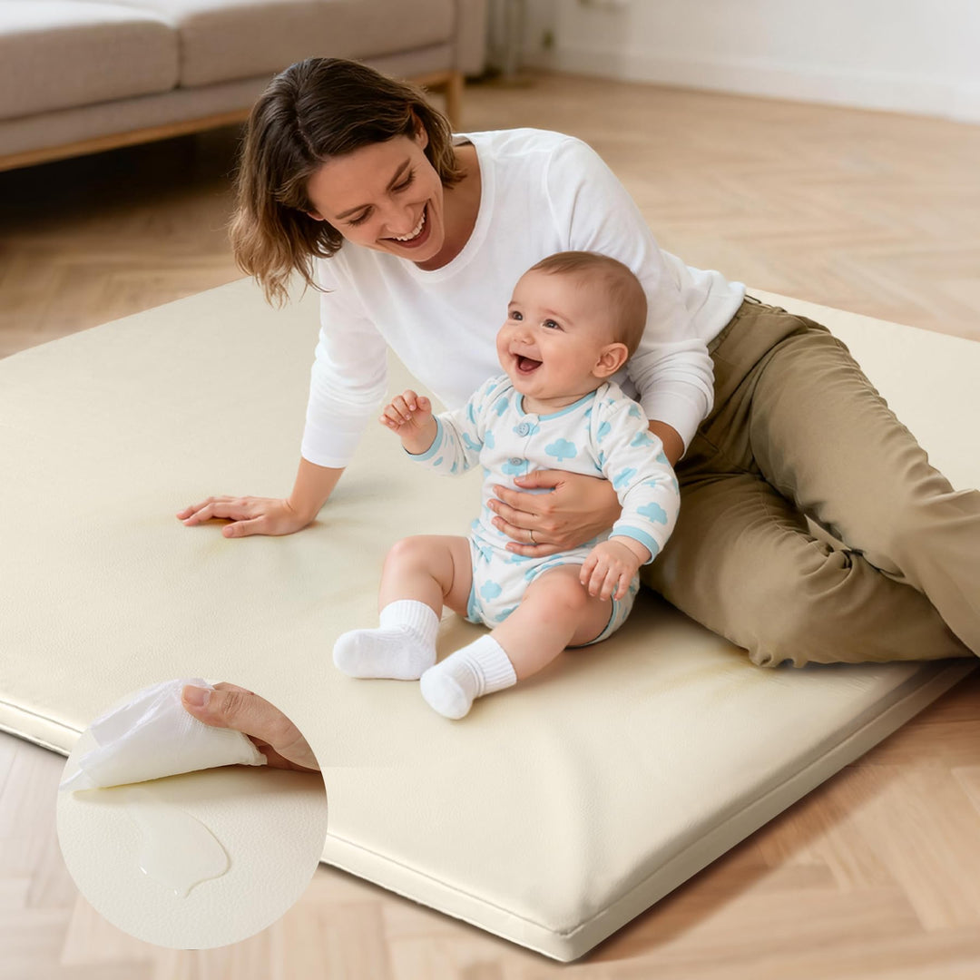 Wasserdicht Krabbelmatte Baby 127x127x3cm,Beige Kunstleder Spielmatte Baby,Schaumfüllung Teppich kin