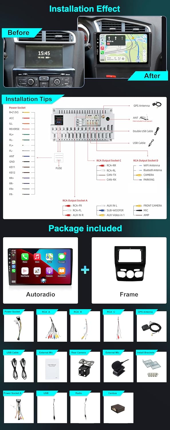 SXAUTO Autoradio Android 12 Passt für Citroen C4 C4L DS4 (2013-2017) - Built-in Carplay/Android Auto