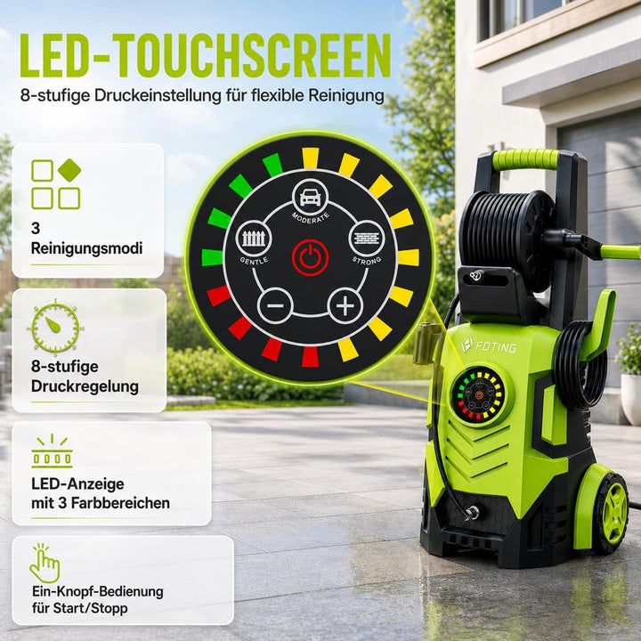 Hochdruckreiniger 200 Bar, Touchscreen 8-stufiger, 6-in-1-Düse, Druck: 100-200bar, Fördermenge: 280-
