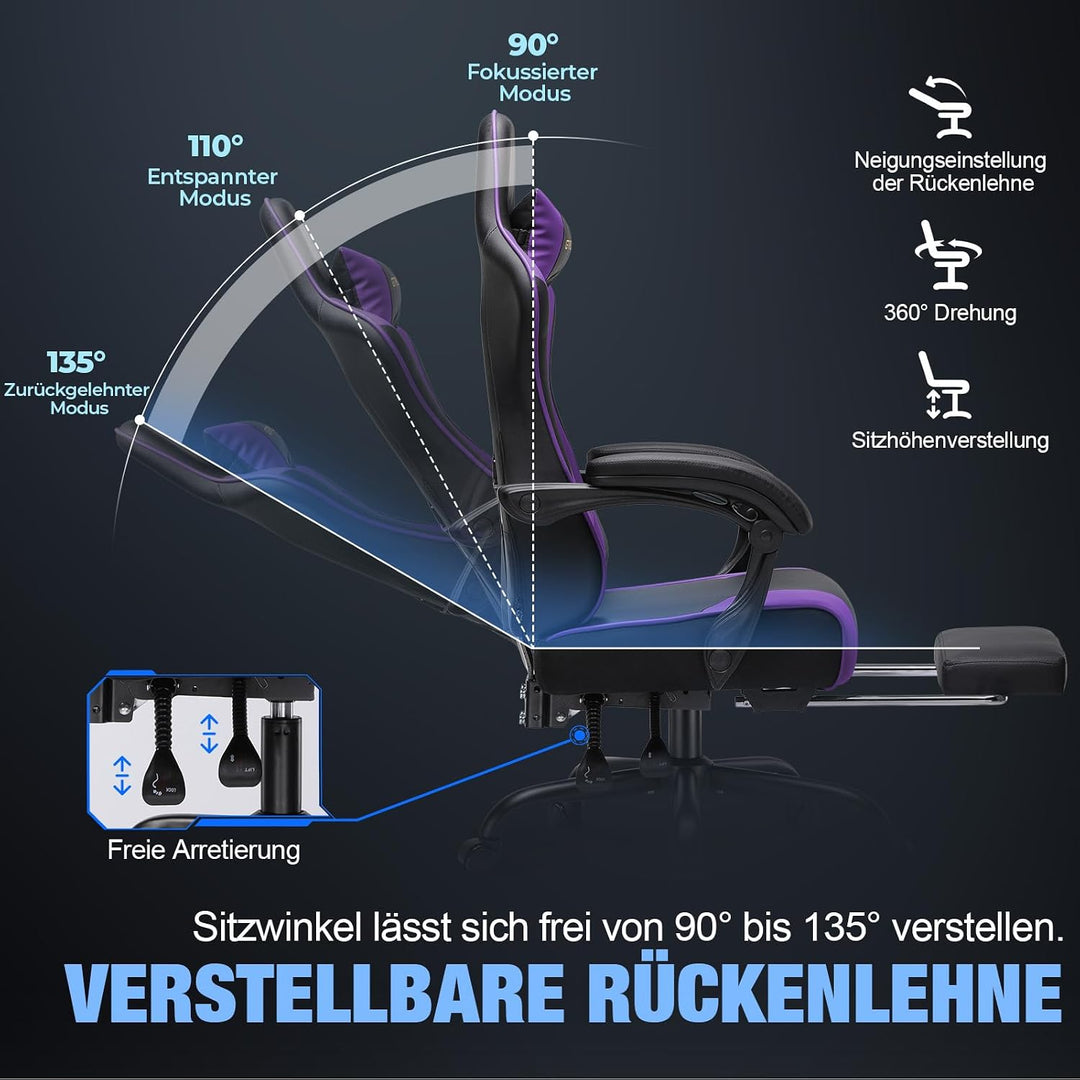 GTPLAYER Gaming Stuhl Chair Gamer Sessel - Ergonomischer Gamer Stuhl mit Fussstütze Kopfstütze und L