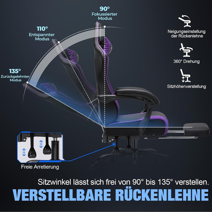 GTPLAYER Gaming Stuhl Chair Gamer Sessel - Ergonomischer Gamer Stuhl mit Fussstütze Kopfstütze und L