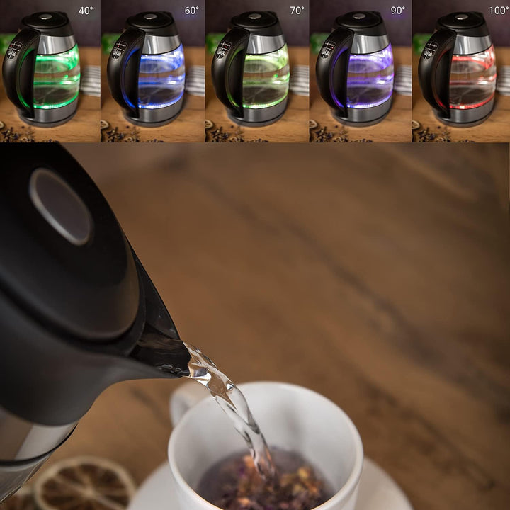 TZS First Austria Edelstahl Glaswasserkocher mit Teefilter 1,8L, 2200W, Temperatureinstellung 40 Gra