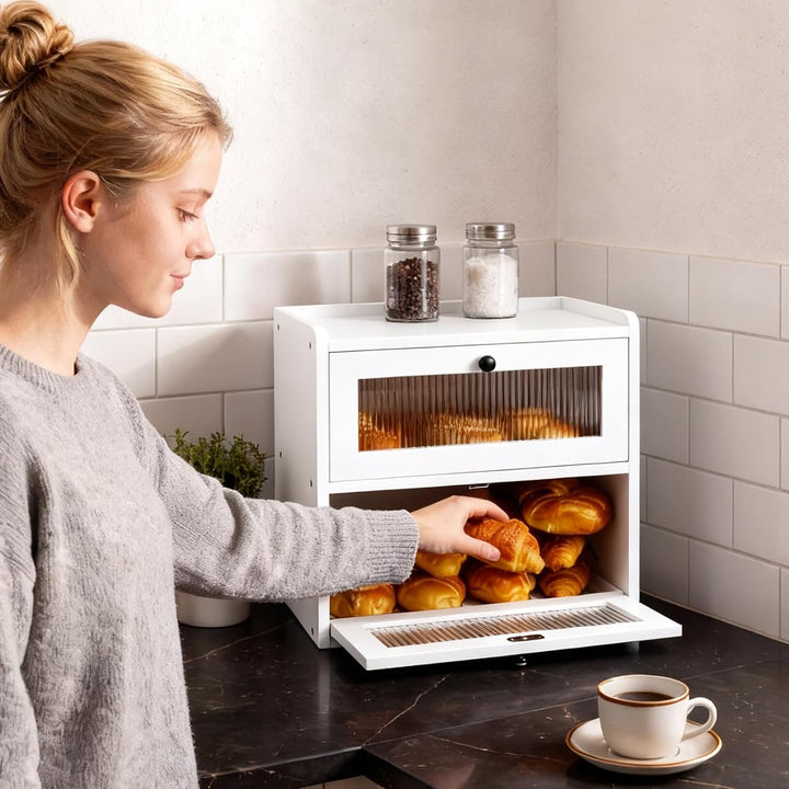 Brotkasten Holz, 2 Etagen Gross Brotbox mit Belüftungsloch, Längere Frische &amp; Einfache Pflege, Küche