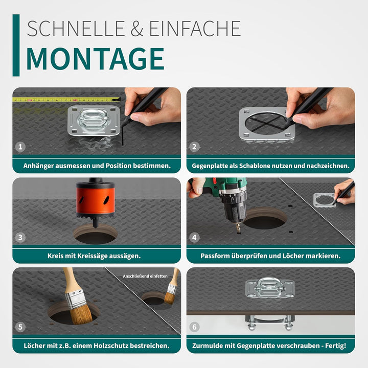 TRAILERKRAFT® Anhänger Zurrösen mit Gegenplatten inkl. Schrauben [6er Set] Robuste Zurrmulden | Zugk