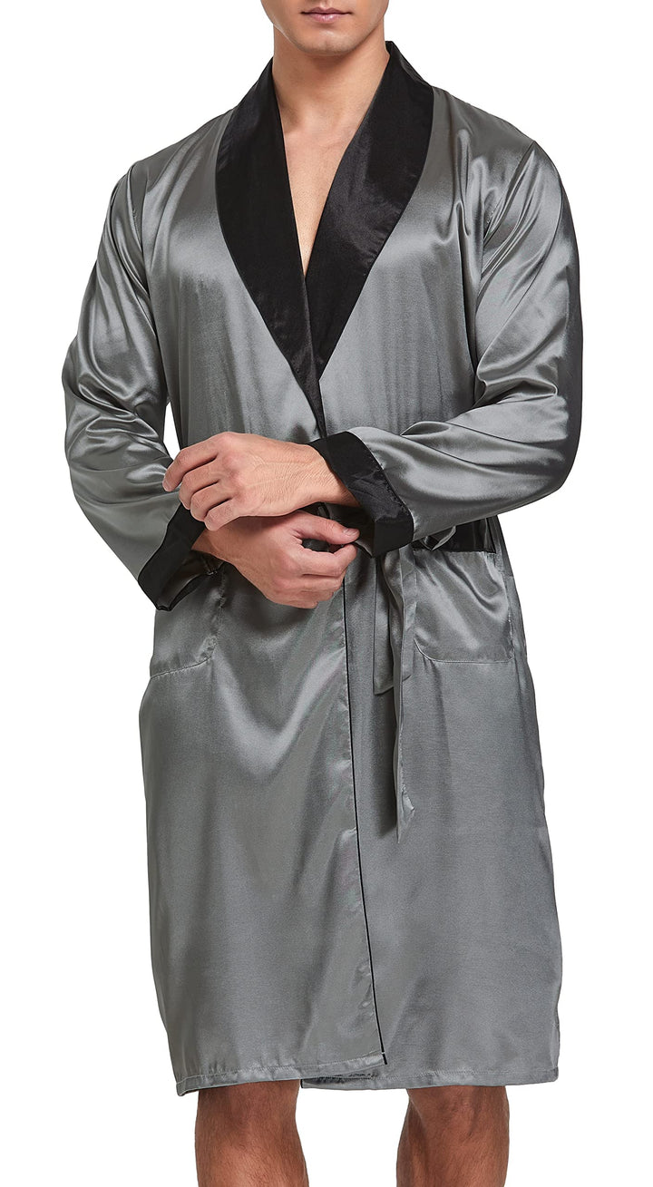 Herren Satin Bademantel, Leichter Seiden Langarm Bademantel mit Shorts Set, Spa Kimono Nachtwäsche X