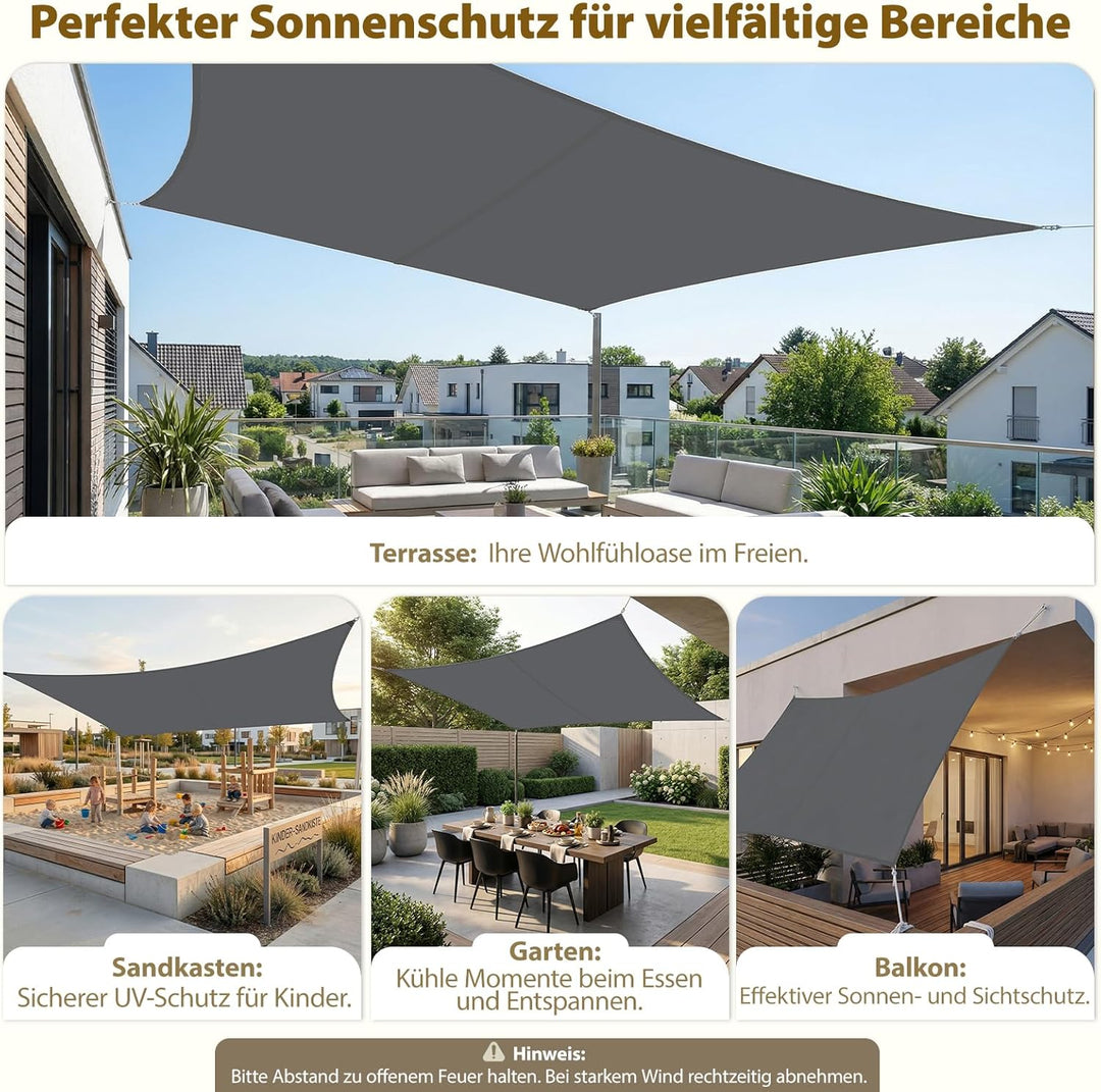 Sekey Sonnensegel Wasserdicht 3x4m Rechteckig, Sonnenschutz hochdichtes PES 160g/m² Wetterfest & Rei