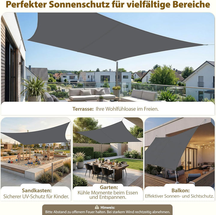 Sekey Sonnensegel Wasserdicht 3x4m Rechteckig, Sonnenschutz hochdichtes PES 160g/m² Wetterfest & Rei