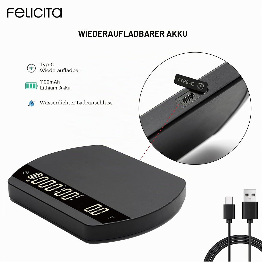 FELICITA ARC Kaffeewaage, Elektronische Espressowaage und Pour-Over Kaffeewaage mit Timer, 0,1 g Gen