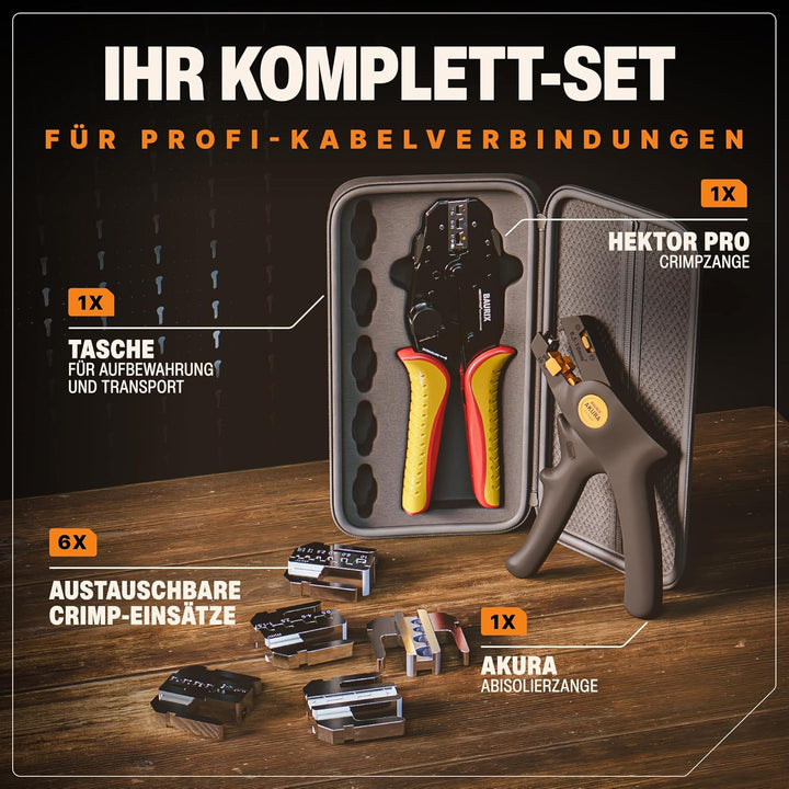 BAURIX® Crimpzange mit 6 Wechselbacken &amp; Abisolierzange inkl. 700 Kabelschuhe fur 0,5–6 mm² Kabel –