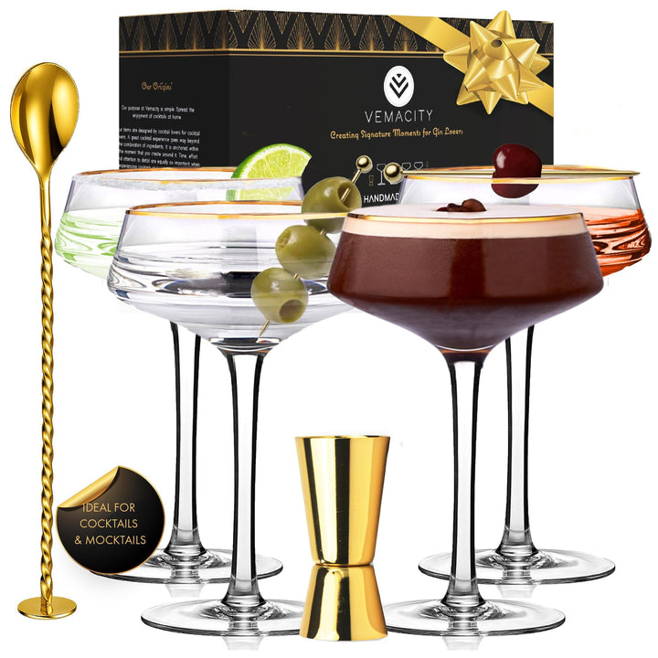 Luxus Martini Gläser Cocktailgläser Set von 4 mit Gold Rändern | Inklusive Gold Cocktail Löffel, Aus