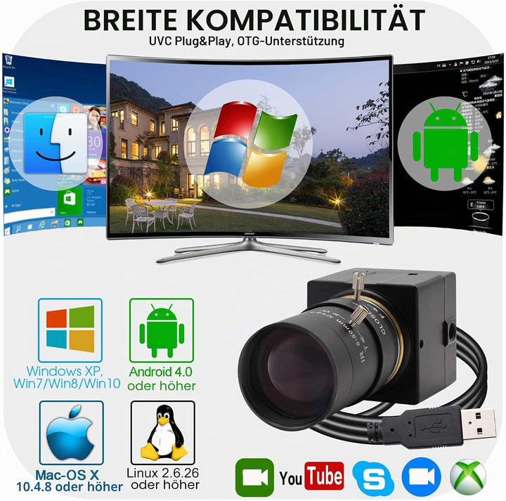 Svpro USB Webkamera mit 5-50mm Objektiv Kamera mit manuellem Fokus und Zoom Mini Webcam 2MP High Fra