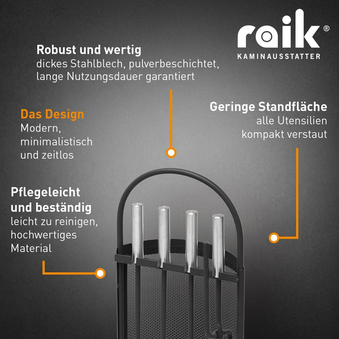 raik Kaminbesteck Set Albert 4-teilig inkl. Rindsleder Ofenhandschuh schwarz Kamingarnitur Stahl Sch