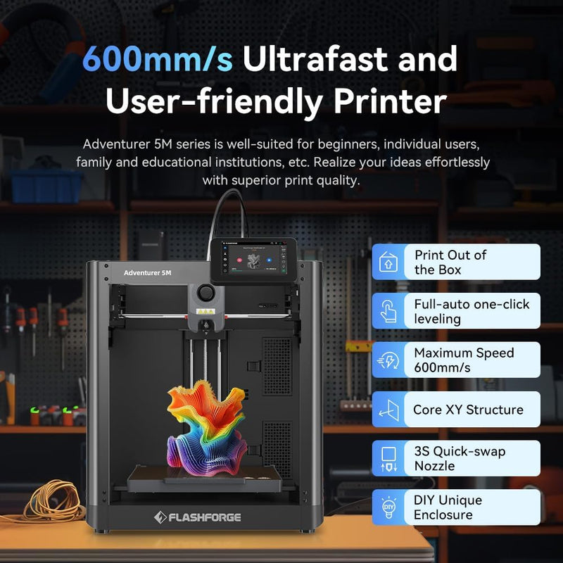 FLASHFORGE Adventurer 5M 3D-Drucker, 600mm/s Hochgeschwindigkeitsdrucker mit vollautomatischer Nivel