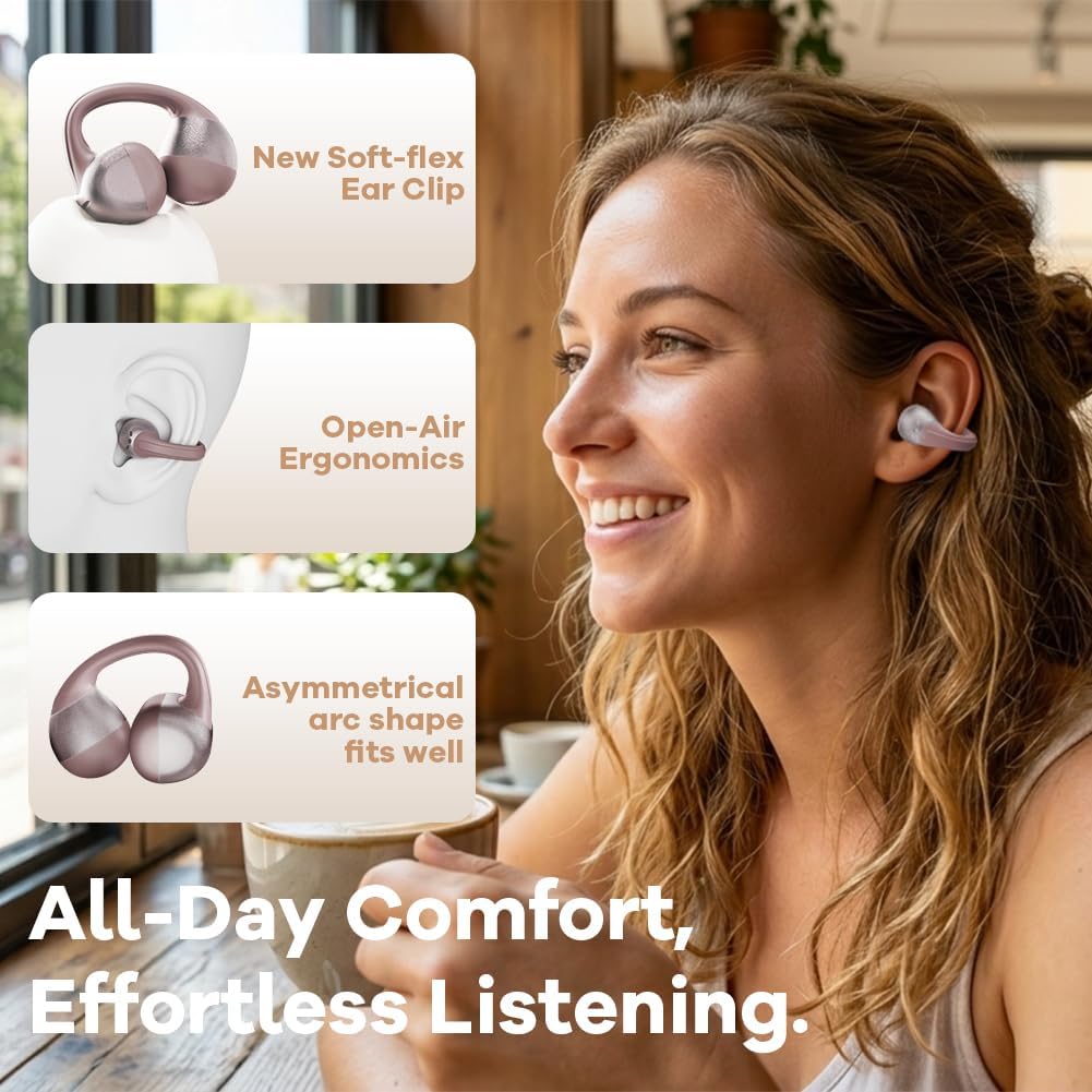 Open Ear Kopfhörer, Bluetooth Earbuds, Clip on Design mit 4 Noise Cancelling Mikrofone, 40h Std, Blu