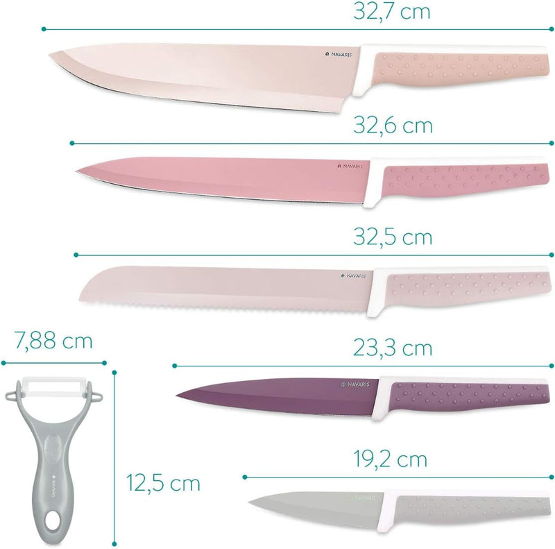 Navaris Messer Set 6-teilig inkl. Schäler - 5x Edelstahl Küchenmesser und 1x Keramik Gemüseschäler -