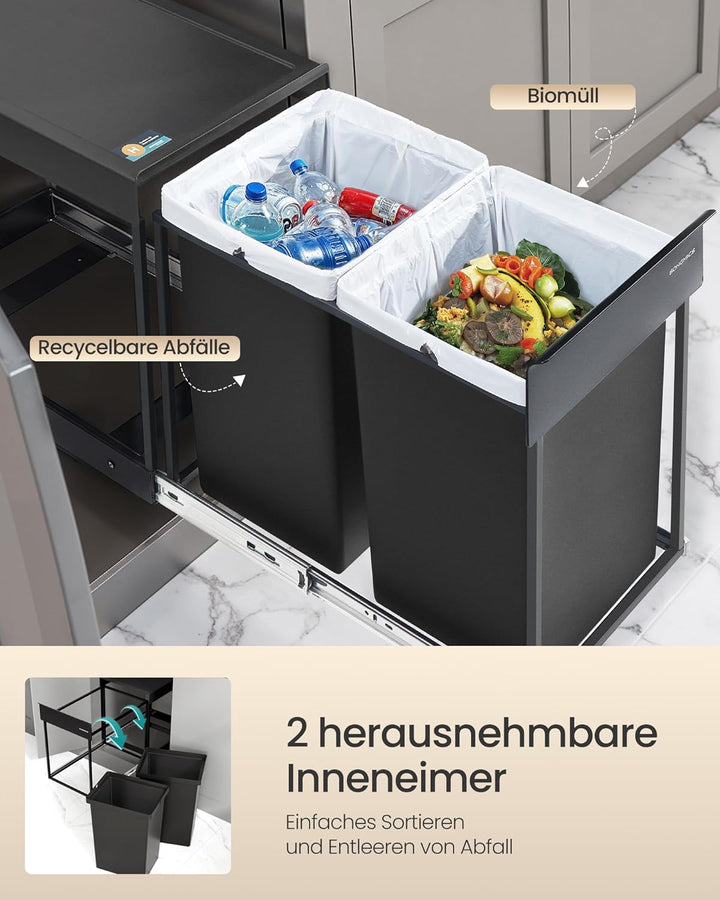 SONGMICS Mülleimer küche, Mülltrennsystem für Unterschrank, 2 x 20 L, Abfalleimer 2 Fächer, ausziehb