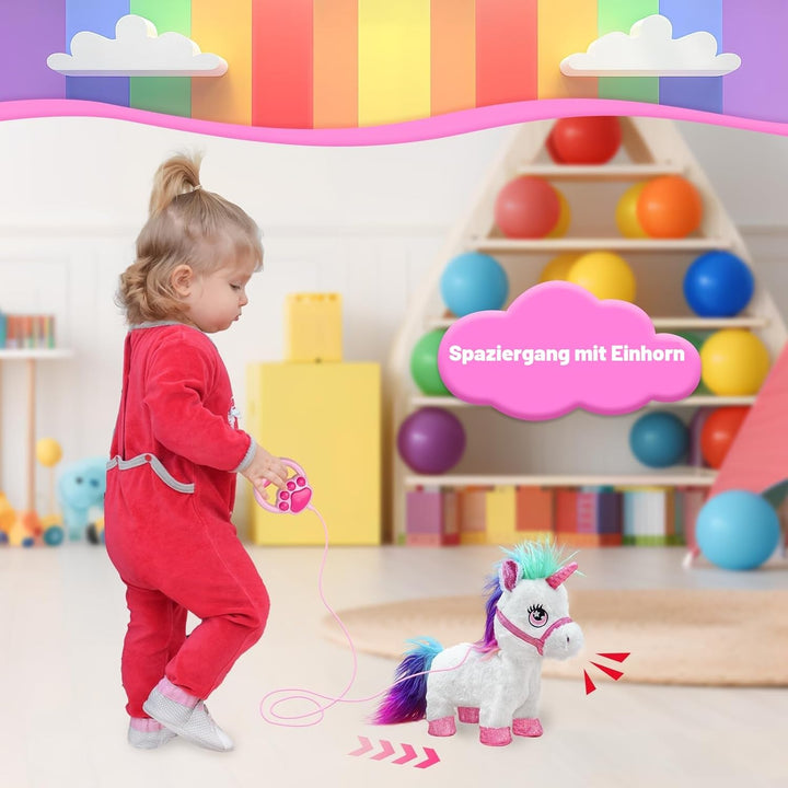 YH YUHUNG Laufendes Einhorn Spielzeug mit Leine, Interaktives Plüschtier Pony mit Licht & Sound, Ele