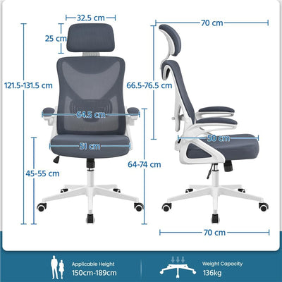 Yaheetech Bürostuhl Ergonomisch, Schreibtischstuhl mit Hochklappbaren Armlehnen, Drehstuhl mit Rücke