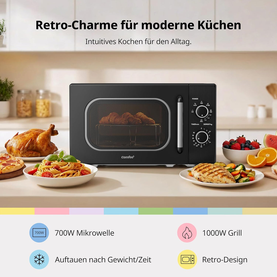 COMFEE' CMO-MG202NC(BK) Mikrowelle mit Grill, 20 Liter, Mikrowelle 700 W, Grill 1000 W, 5 Leistungss