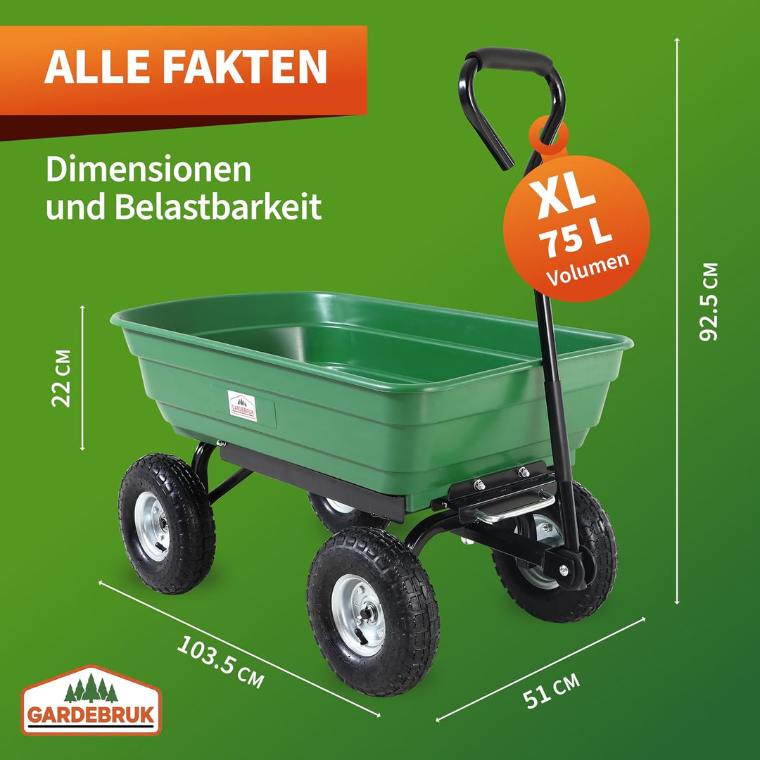 GARDEBRUK® Bollerwagen mit Kippfunktion 300kg Belastbar 4 Profil Gelände Räder Luftbereift Lenkachse