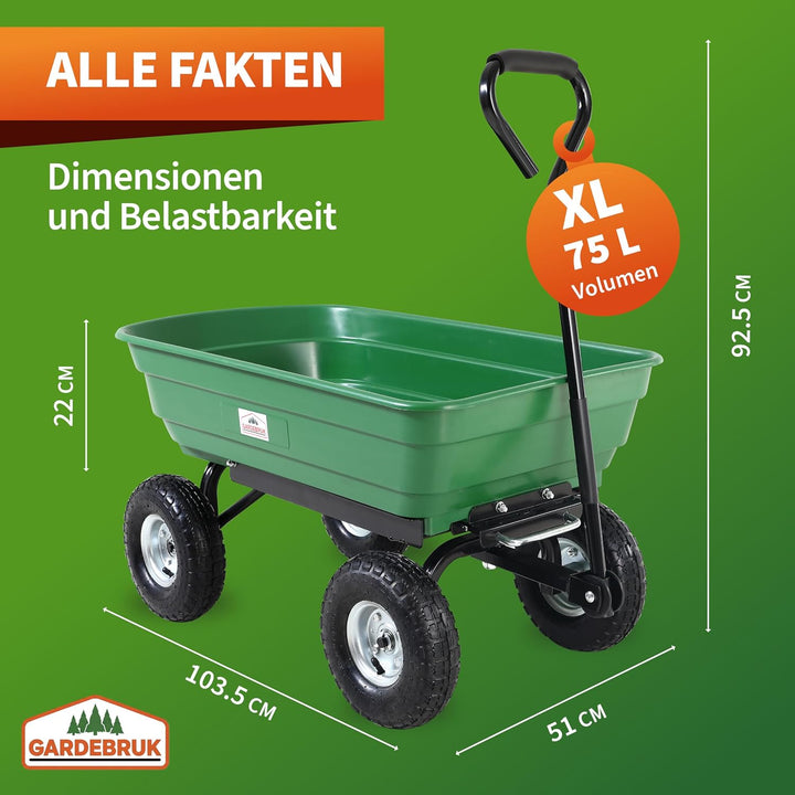 GARDEBRUK® Bollerwagen mit Kippfunktion 300kg Belastbar 4 Profil Gelände Räder Luftbereift Lenkachse