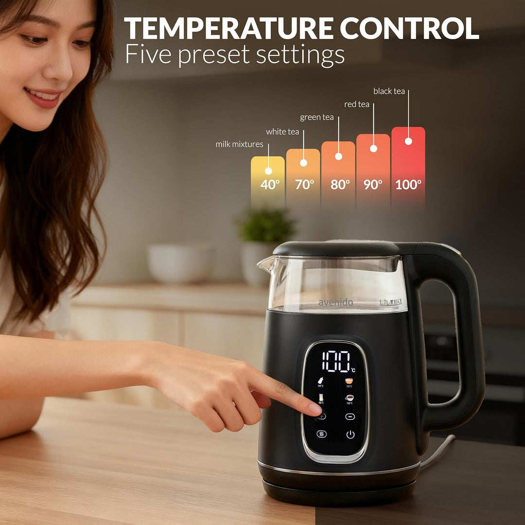 Elektrischer Wasserkocher mit Temperatureinstellung, 2200W Leistung, 1.7l Fassungsvermögen, 2h Warmh