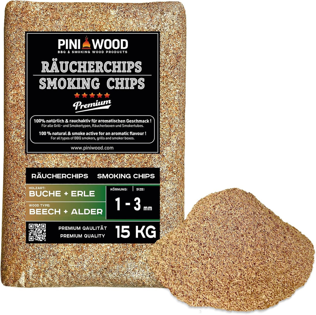PINI 15 Kg Räucherchips Buche und Erle gemischt 1-3 mm Smoking Dust Räucherspäne