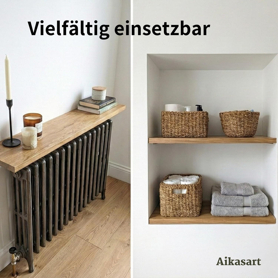Heizungsregal Eiche Massiv – Ohne Bohren – Individuelle Länge 30-190 cm – Zum Aufstecken – Handgefer