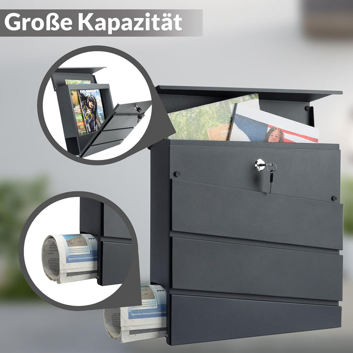 MONZANA® XXL Briefkasten Postkasten mit Zeitungsfach abschliessbar 2 Schlüssel Montagematerial Stahl