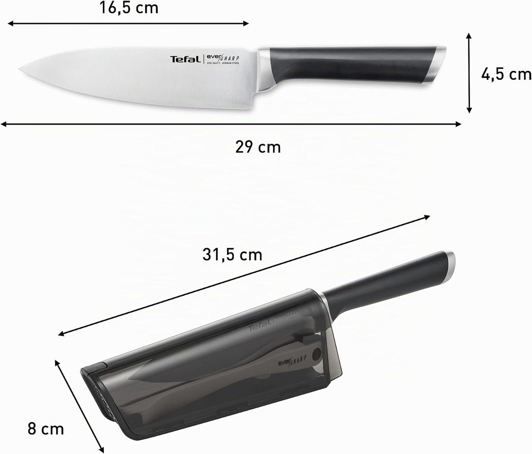 Tefal Ever Sharp Kochmesser, 16,5 cm, integrierter Messerschärfer in der Hülle, Scheibe, schneidet u