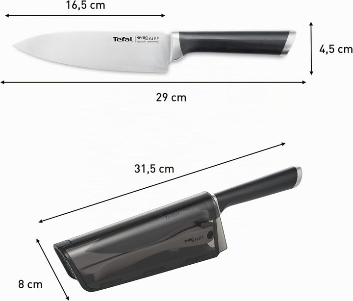 Tefal Ever Sharp Kochmesser, 16,5 cm, integrierter Messerschärfer in der Hülle, Scheibe, schneidet u