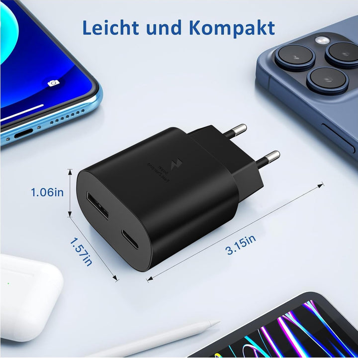 2er Pack USB C Ladegerät mit 2m Schnellladekabel 25W 2Port Schnellladegerät USB A & USBC für Samsung