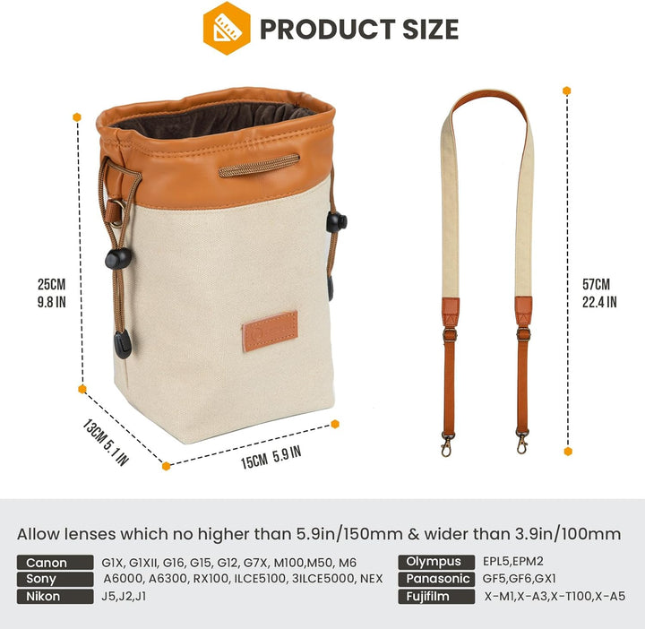 TARION Objektivbeutel mit Tragegurt, Objektivtasche aus Canvas PU Leder, Gepolstert Schutzbeutel Kam