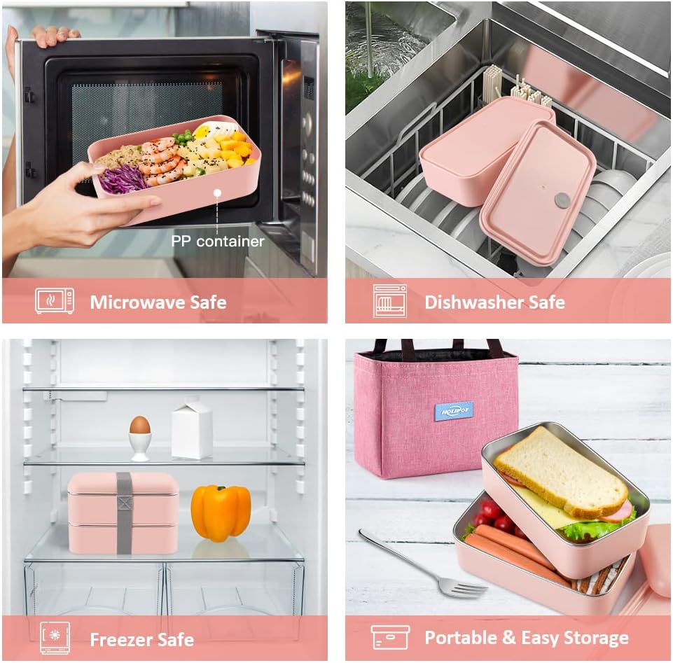 Bento Box, Lunchbox Brotdose mit Fächern 2 Ebenen mit 2 Stück Umweltfreundlichen PP & Edelstahlbehäl