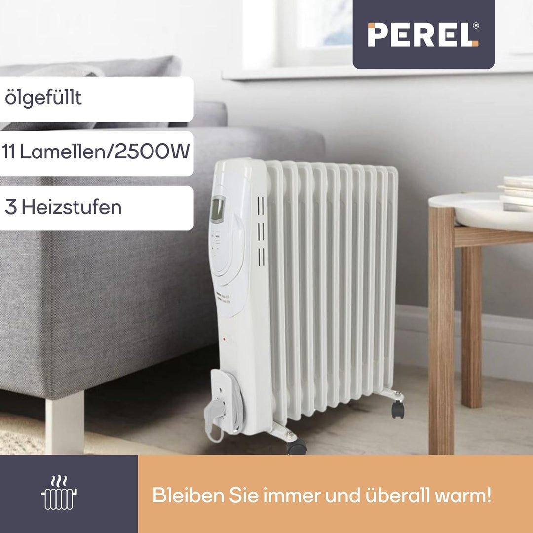 Perel 2500W Ölradiator mit 11 Rippen, 3 Heizstufen, LCD-Display, Timer, einstellbarem Thermostat, Gr