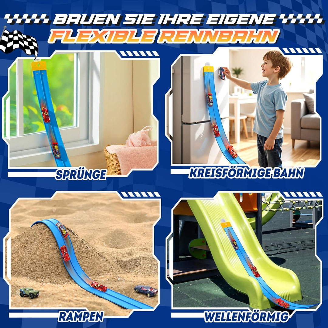 Flexible Rennbahn Kinder, Geschenk Junge 3 4 5 6 7 8 Jahre Rennstrecke Auto Spielzeug ab 3-8 Jahre J